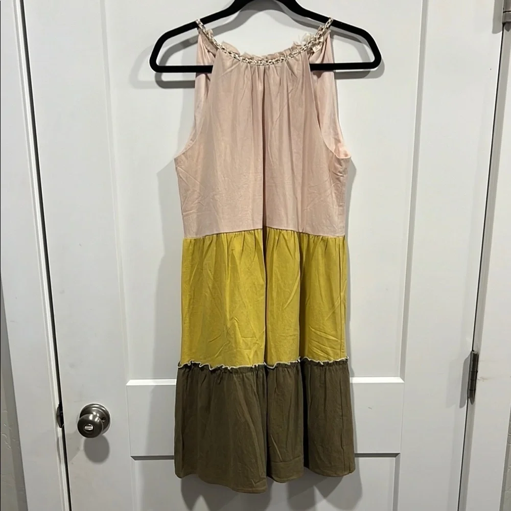 Hem & Thread Colorblock Sleeveless Tiered Sun Dress in Cream,Yellow, and Olive - Picture 5 of 6